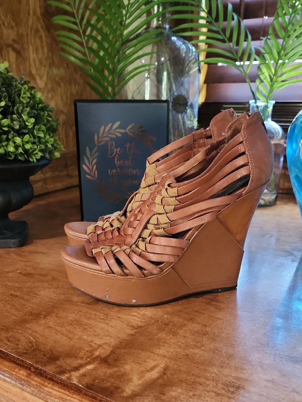 Woven Tan Platform Wedge Sandals - Women's Wedges